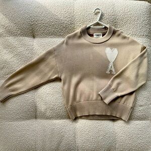 Ami Paris Beige Sweater with Heart Logo - Size Small